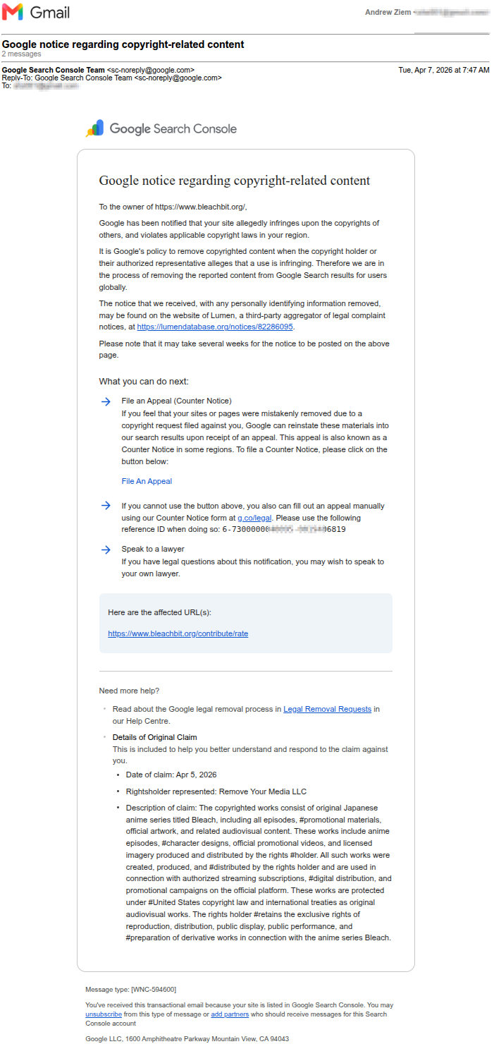 Email with DMCA notice
